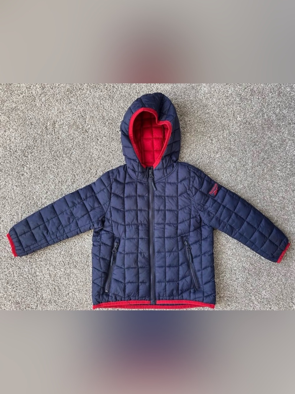 Kids Reebok Navy Puffer Jacket with Red Hood Lining